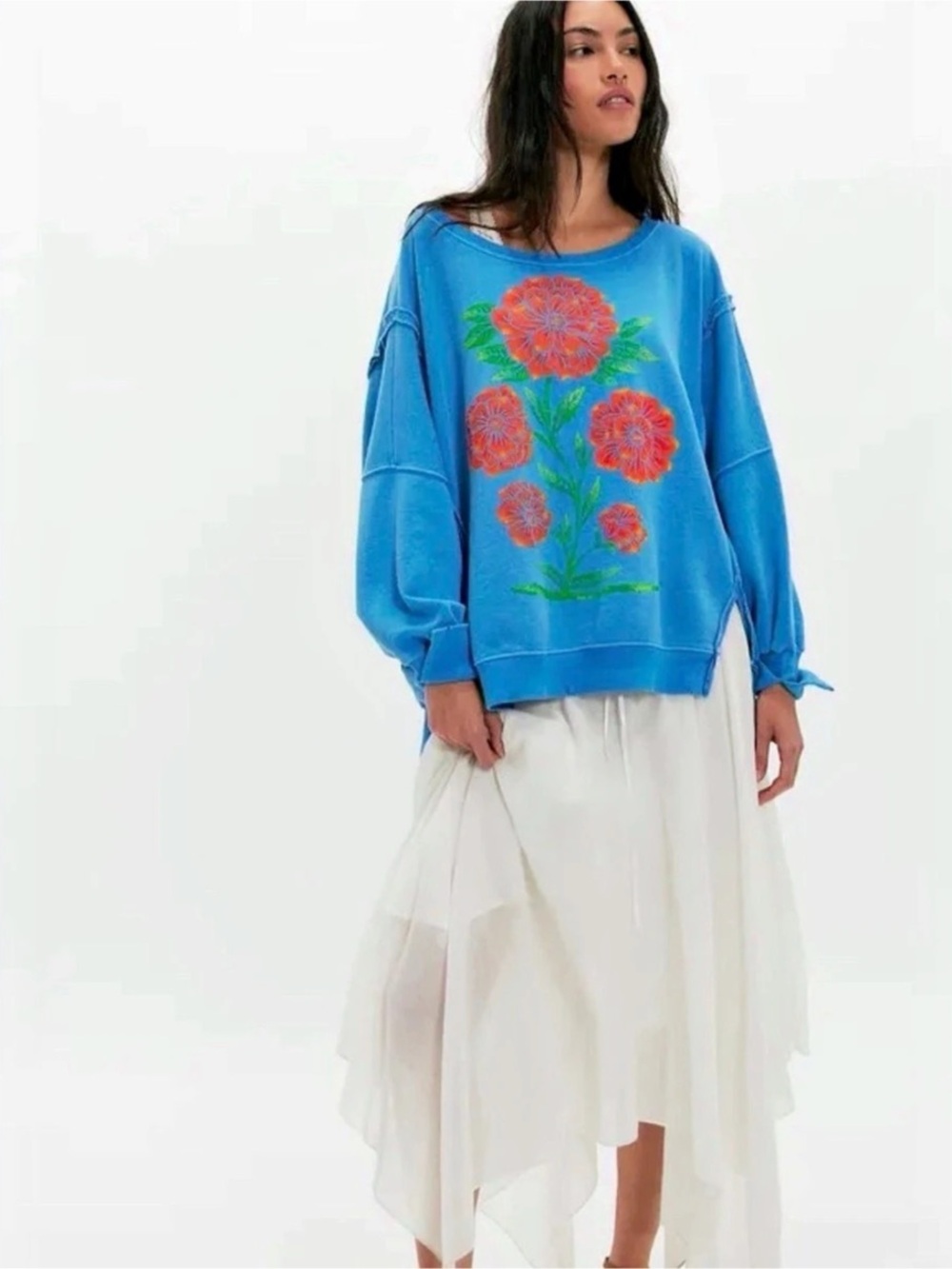 Free People We The Free Floral Sweatshirt Blue Size M NWT